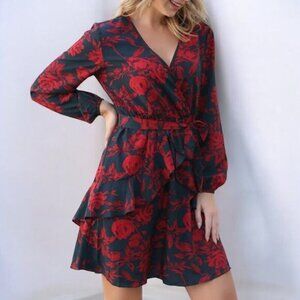 Saints + Secrets V-Neck Navy Front Tie Dress with‎ Red Floral Design - Size XS